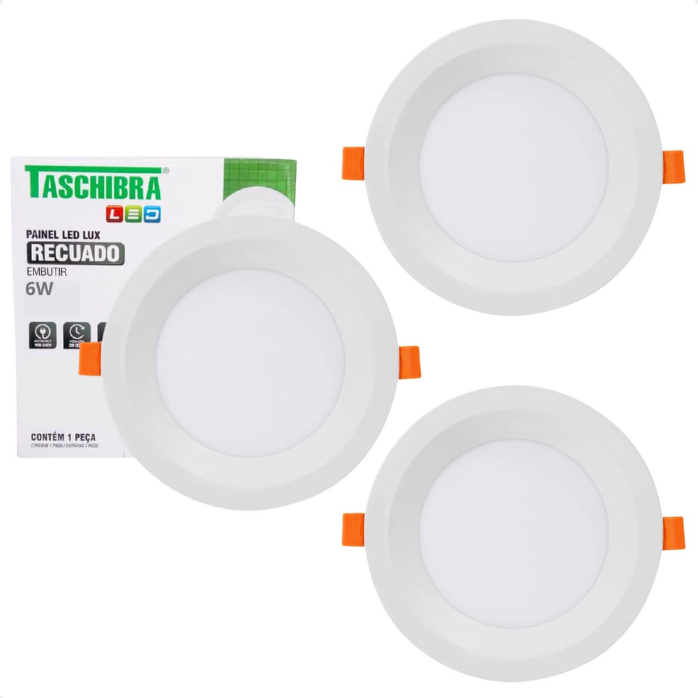 Kit 3 Painel de Led Redondo Embutir Recuado 6W Bivolt Taschibra 6500K Frio
