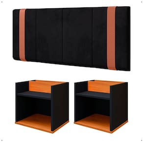 Jogo Quarto Casal 2 Mesas Cabeceira Suspensa Madri Divisória Superior Preto/Cinamomo Painel Estofado Parise Cama Box 1,40 Suede - Lojas RPM