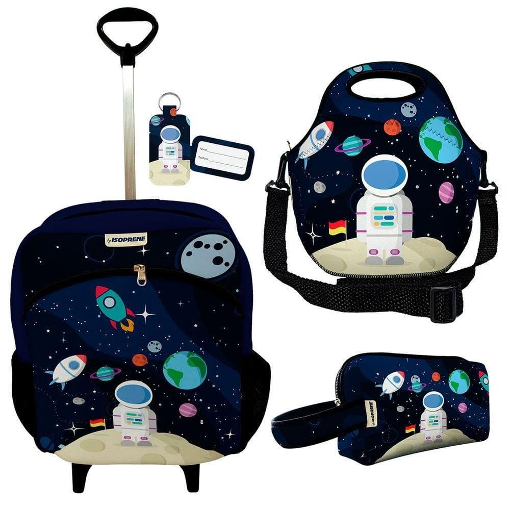 Kit Mochila Escolar Infantil Rodinhas Lancheira Estojo Isoprene Astronauta
