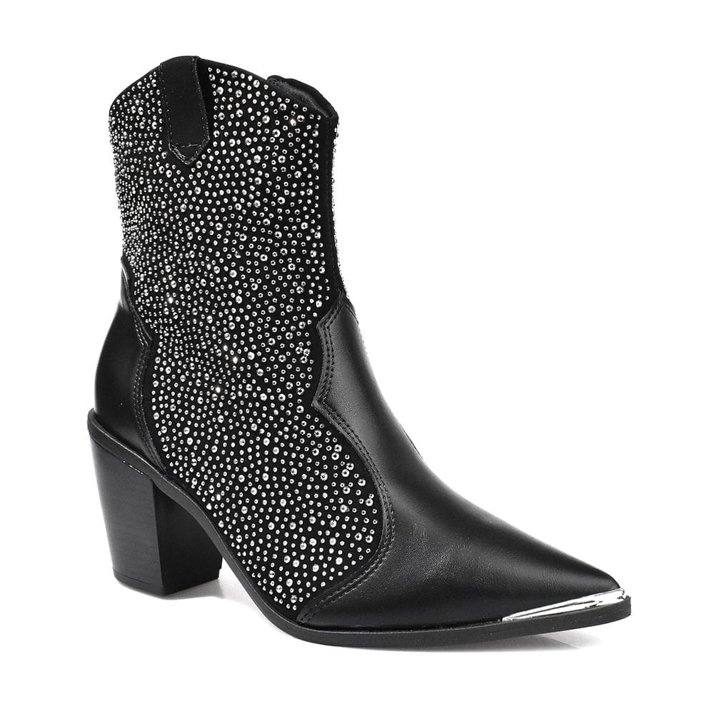 Bota Vizzano Texana Cano Médio Pedraria Bico Fino Feminina Preto