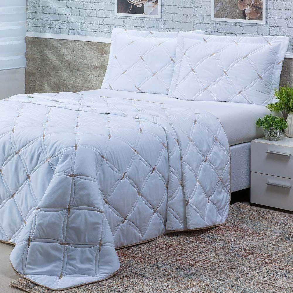 Cobre Leito Queen Unique 200 Fios Bordado 3 Peças - Branco
