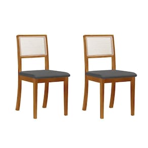 Kit 2 Cadeiras De Jantar Luxo Palha Estofadas Linho Cinza Encosto Tela Sextavada Rubi Madeira Maciça