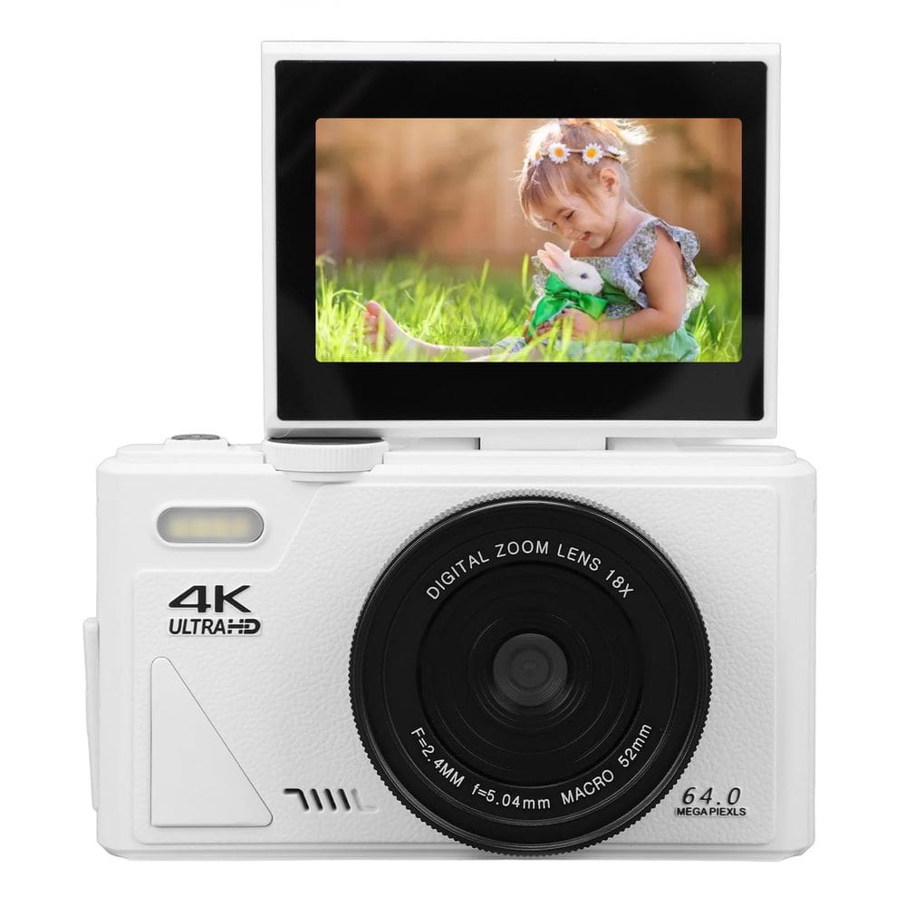 Câmera digital 4K 64MP 18X Zoom Tela Flip de 3 polegadas branca