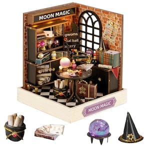 Kit de casa de bonecas em miniatura DIY Casa de bonecas de madeira com LED (lua)