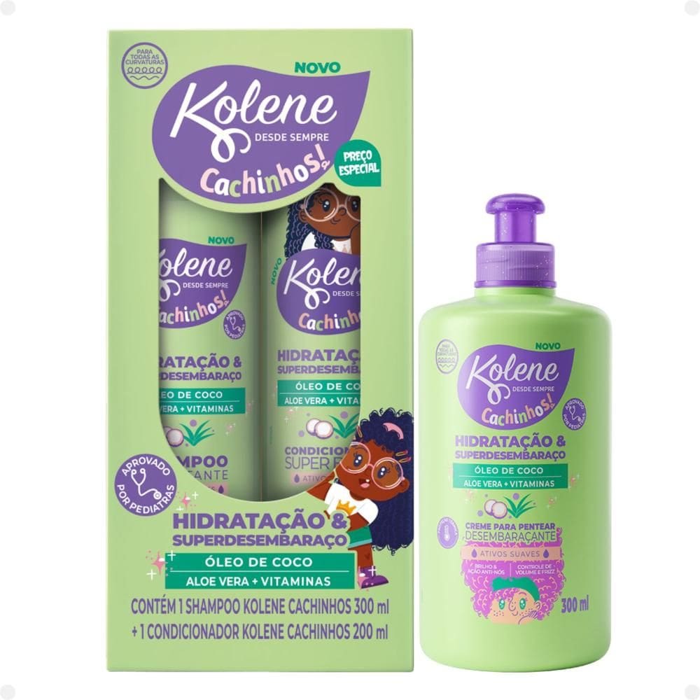 Kit Kolene Cachinhos: Shampoo 300ml, Condicionador 200ml e Creme para Pentear