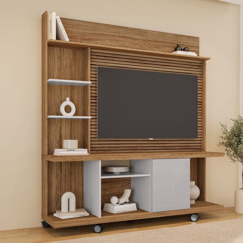Estante para TV Até 47 Polegadas 1 Porta Taurus Ripado 3d Off White/Cinamomo - Móveis Bechara