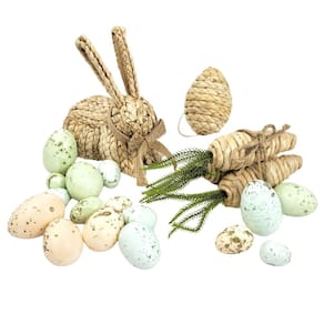 Kit Decoração Pascoa Fibra Natural Coelho Cenoura Ovo 19Pc