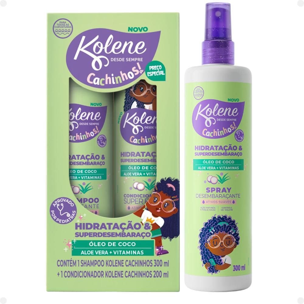 Kit Kolene Cachinhos: Shampoo 300ml, Condicionador 200ml e Spray Desembaraçante