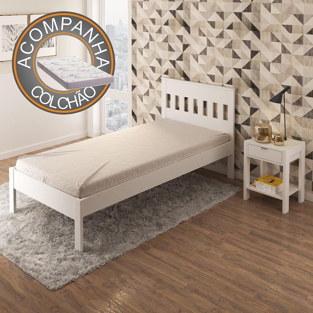 Cama de Solteiro CM8006 Branco Tecnomobili + Colchão Ortobom