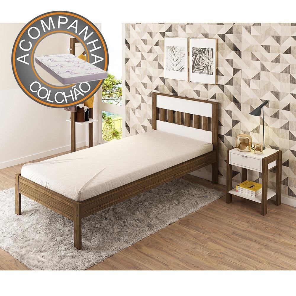Cama de Solteiro CM8006 Nogal Branco Tecnomobili + Colchão Ortobom