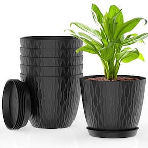 Vasos para plantas UOUZ, pacote com 6, 15 cm com orifícios de drenagem e pires pretos