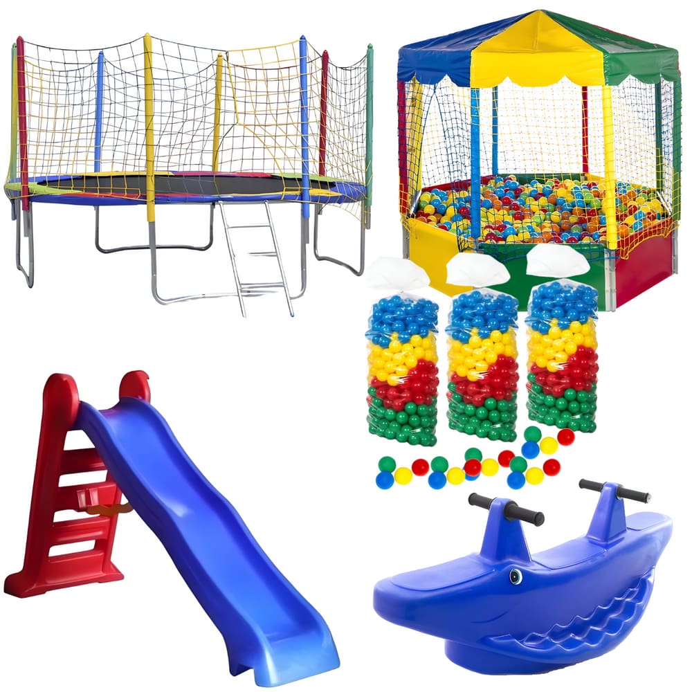 Kit Cama Elástica 3,05m Piscina de Bolinhas 2,00m Oitavada c/ 1500 Bolinhas Escorregador Grande Gangorra 2 Lugar