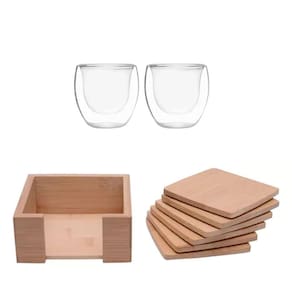 Kit Porta 6 Copos De Bambu + Par De Copos Borossilicato