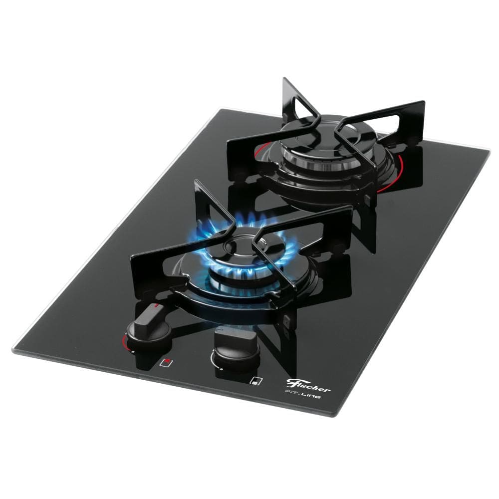 Cooktop 2 Bocas Fischer Fit Line a Gás com Acendimento Automático e Mesa de Vidro Preto Bivolt