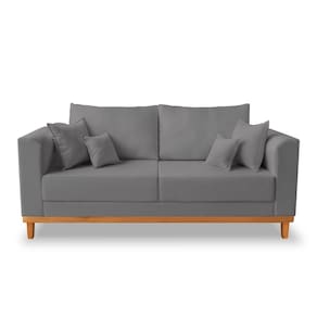 Sofá Viena Beny 3 Lugares Com Base de Madeira Suede Cinza