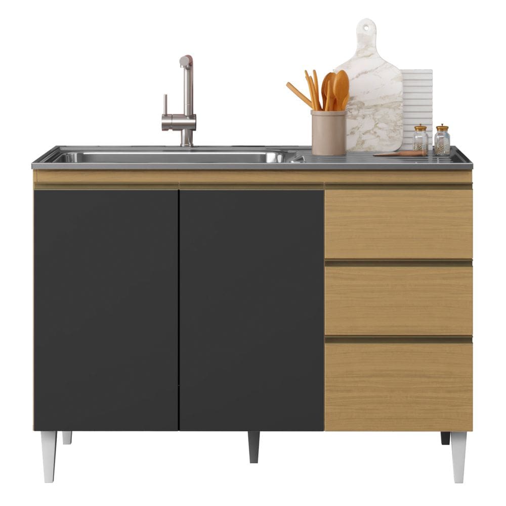 Balcão Gabinete Sofia Para Pia de 120cm Sem Tampo 03 Portas e 02 Gavetas Atacama Grafite - Desk Design