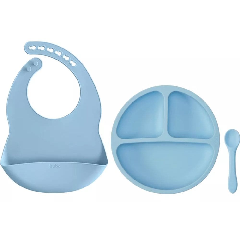 Kit Refeicao Prato Babador E Colher Em Silicone Azul - Buba