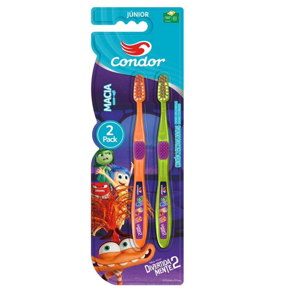 Escova Dental Macia Divertida Mente 2 Condor Júnior Cabeça P 2 Unidades