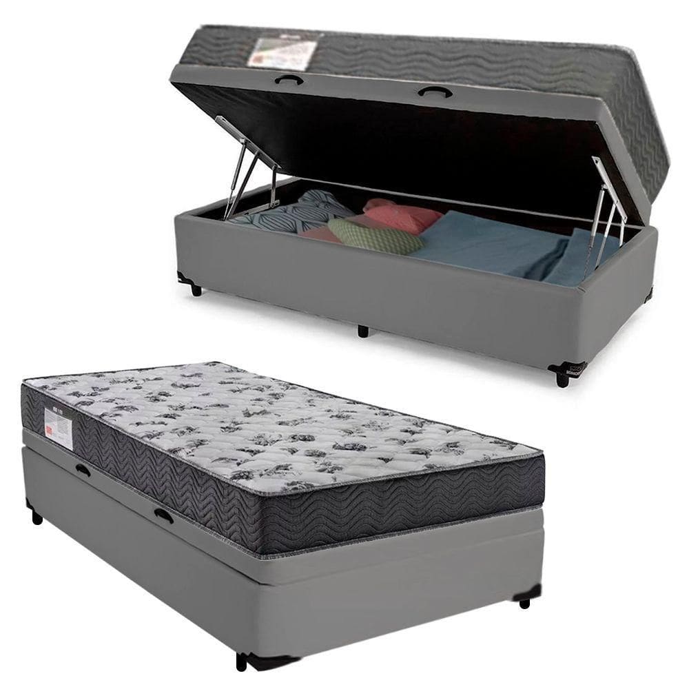 Cama Box Baú Solteiro Sintético + Colchão De Espuma D33 Serene 88cm Cinza