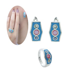 Conjunto Anel Bombe Nácar Colorido E Brinco Prata 925 J24214