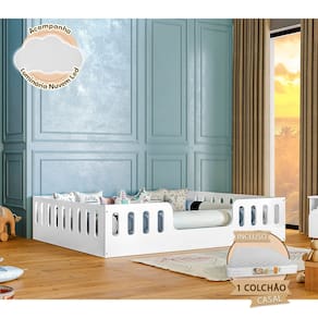 Cama Casal com Colchão Design Montessoriana Helo Branca + Luminária