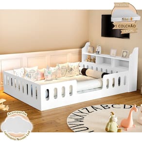 Cama Casal Design Montessoriana Helo com Nicho + Kit D28 Branca Divaloto + Luminária