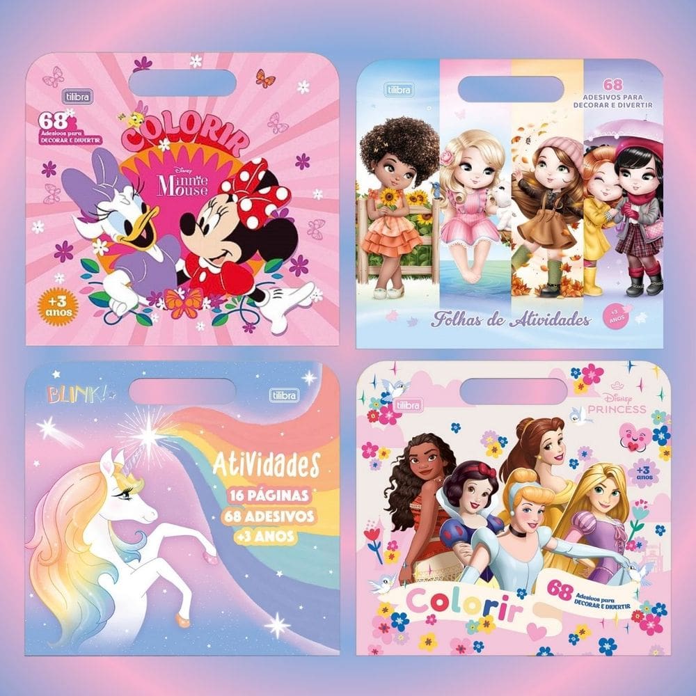 Kit 04 Livro Álbum Infantil de Colorir Pintar Meninas Personagens Disney + 68 Adesivos Diversão Tilibra