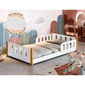 Cama de Criança Infantil Juvenil Camila com Grade de Proteção Branca Luminária Led