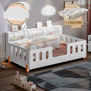 Cama de Criança Infantil Montessoriana + Kit Juvenil Led e Nicho Nina Branca Luminária Led