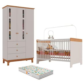 Berço Mini Cama Pega Pega e Guarda Roupa Antonella 3 Portas Off White Caramelo com Colchão Gazin - Canaã