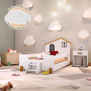 Cama Montessoriana Infantil Solteiro Belissima Preta - Branca e Amêndoa Acompanha Luminária Led