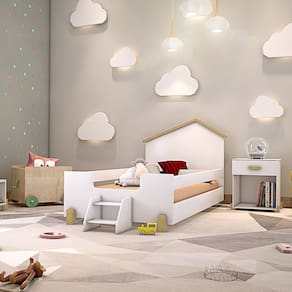 Cama de Criança Infantil com Escadinha Juvenil Ayla - Branca e Natural