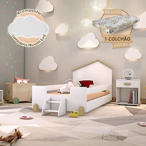 Cama de Criança Infantil com Colchão e Escadinha Juvenil Ayla Branca e Natural Luminária Led