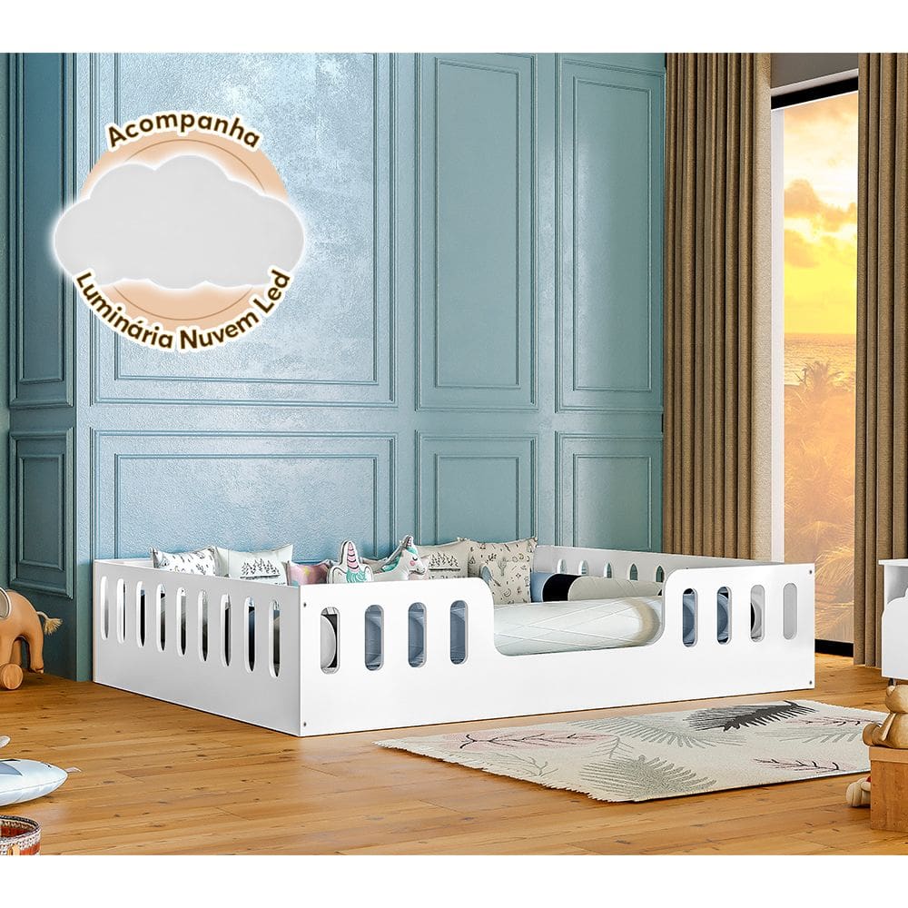 Cama Casal Branca Helo com Cercado Luminária Led
