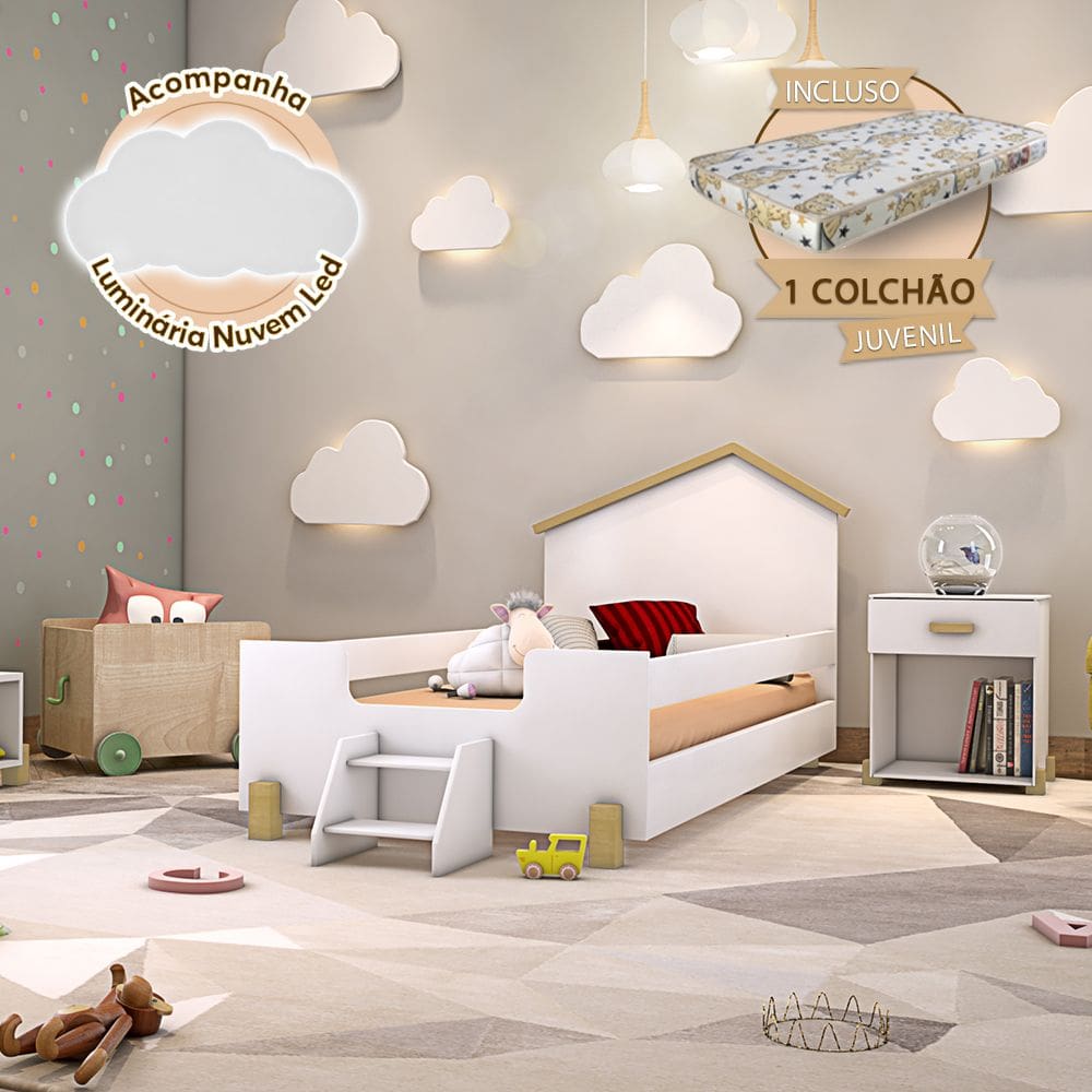 Cama de Criança Infantil Montessoriana com Colchão e Escadinha Juvenil Ayla Branca e Natural Luminár