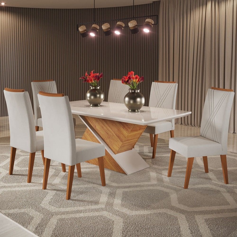 Mesa de Jantar 6 Lugares Stela com Vidro Marrom/Marfim/Off White - Viero Móveis