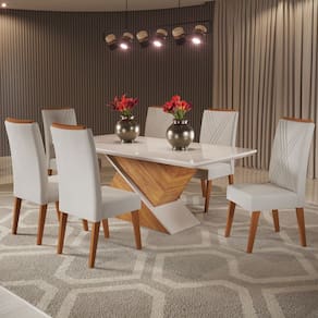 Mesa de Jantar 6 Lugares Stela com Vidro Marrom/Marfim/Off White - Viero Móveis