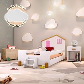 Cama de Criança Infantil Solteiro Belissima Rosa - Branca e Amêndoa Acompanha Luminária Led