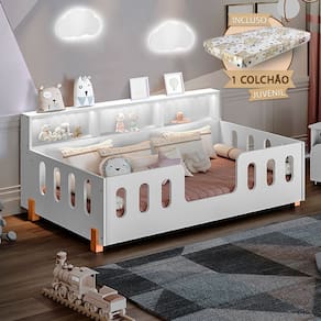 Cama de Criança Infantil Montessoriana + Kit Juvenil Led e Nicho Nina - Branca