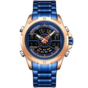 Relógio Para Homens De Quartzo Em Aço Inoxidável À Prova Da Água Dual Display Azul Dourado