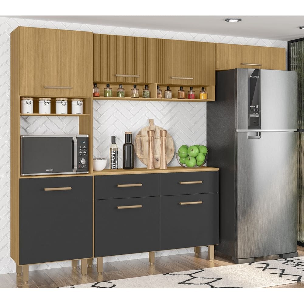 Cozinha Compacta Maia com Balcão 120m com Tampo MDP - Freijó UV Ripado/Grafite Acetinado Poliman