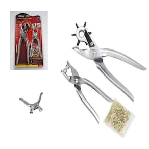 Kit Alicate Furador Vazador Ilhoses 2 Em 1 Furador Cinto Couro Ajuste Com 100 Ilhos 6 Medidas Profissional Completo
