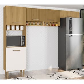 Cozinha Compacta Maia 5 Portas com Paneleiro Freijó UV Ripado/Off Acetinado Poliman