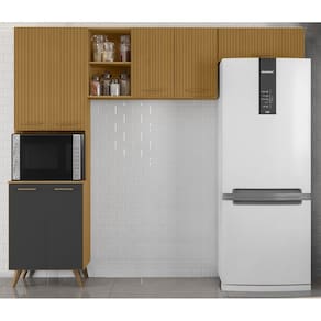 Armário de Cozinha Compacta 3 peças Olinda - Freijó UV/ Ripado/Grafite Acetinado Poliman