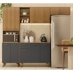 Cozinha Compacta Olinda 209m com Balcão e tampo MDP 105m - Freijó UV/Ripado/Grafite Acetinado Poliman