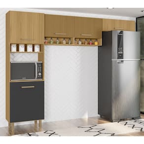 Cozinha Compacta Maia 5 Portas com Paneleiro Freijó UV Ripado/Grafite Acetinado Poliman