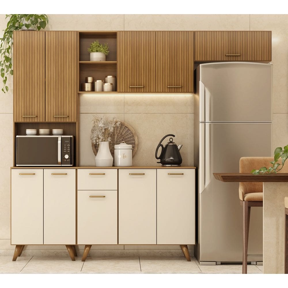 Cozinha Compacta Olinda 209m com Balcão e tampo MDP 105m - Freijó UV/Ripado/Off Acetinado Poliman
