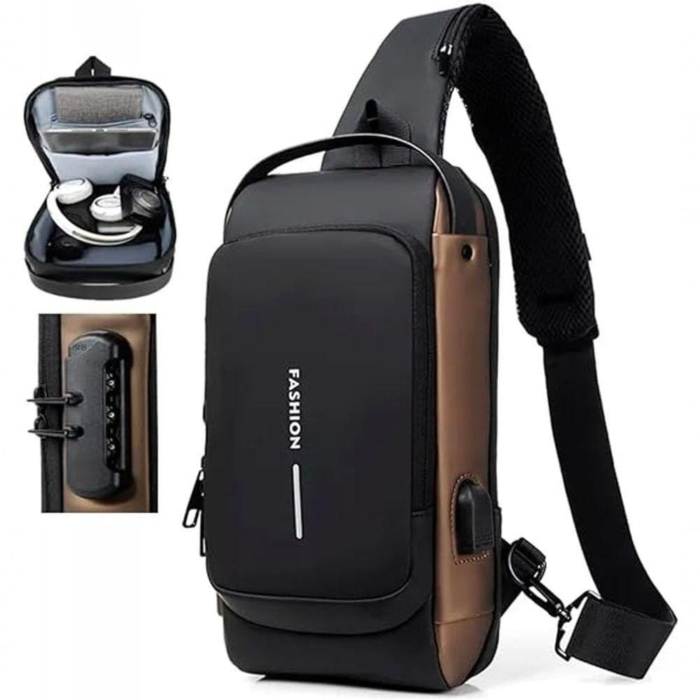 Pochet Masculina Com Cadeado à Prova D`água Anti-roubo Cinza Com Dourado
