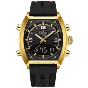 Relógio Digital Masculino Pulseira De Silicone Quartzo Tonneau Duplo Display Esportivo Preto Dourado