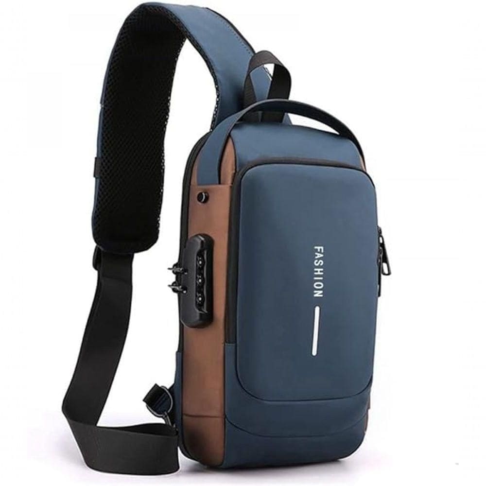 Pochet Masculina Com Cadeado à Prova D`água Anti-roubo Azul Com Dourado